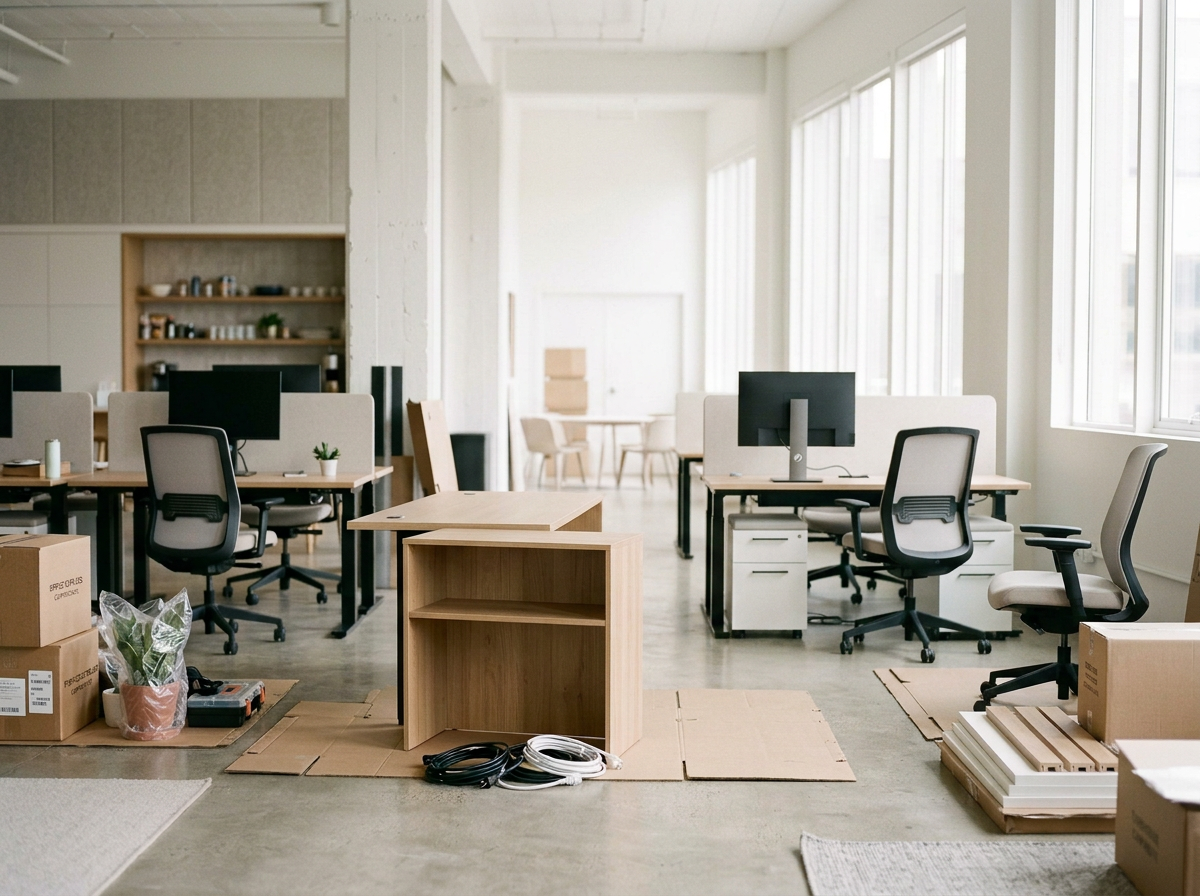 An empty modern office space with desks, chairs, and computers, preparing for setup.