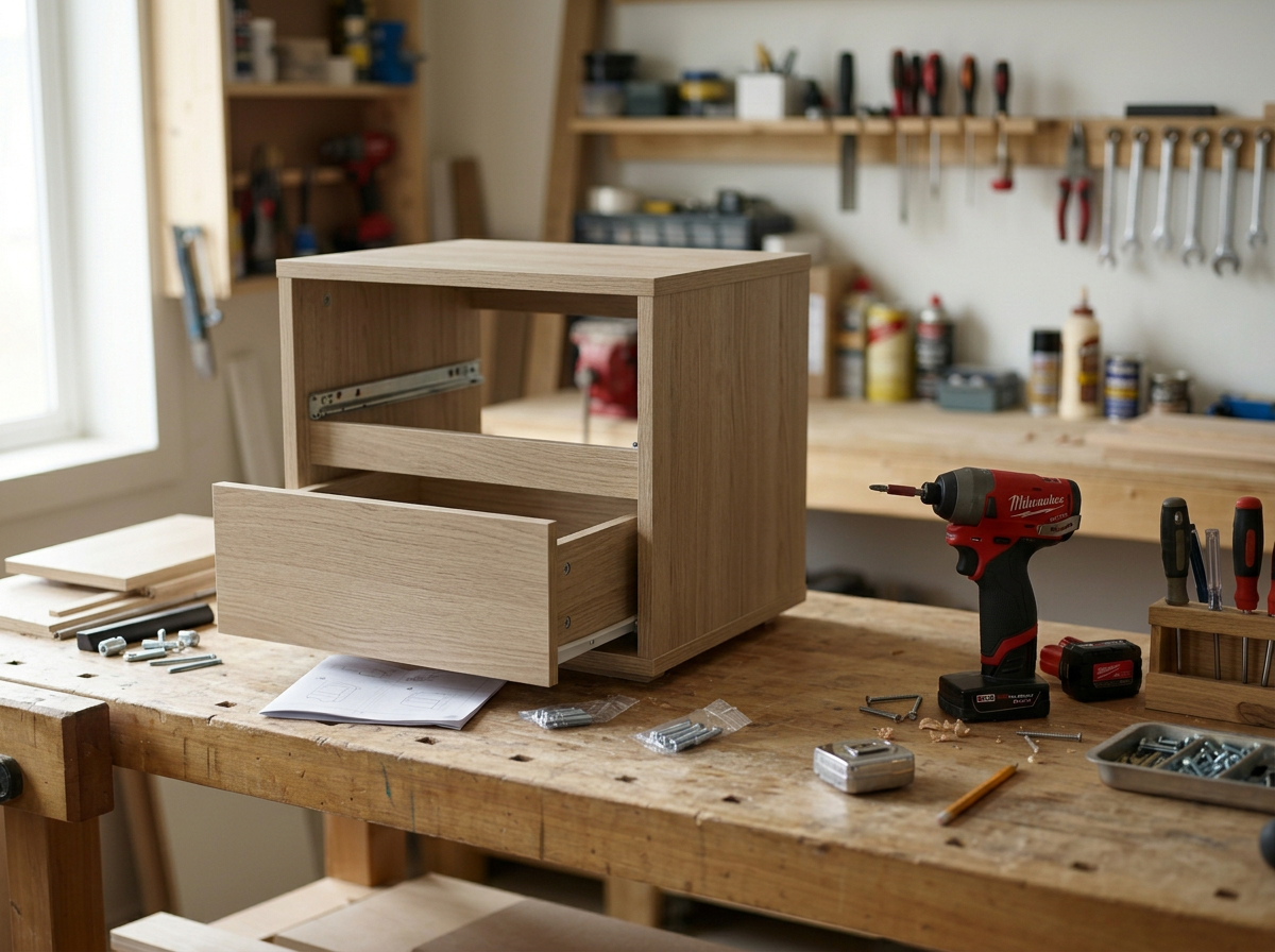 Wooden furniture piece being assembled on a cluttered workbench in a woodworking shop, surrounded by tools and supplies.