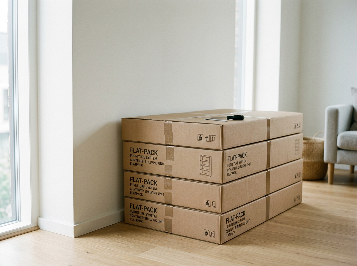 Four stacked cardboard boxes labeled 'Flat-Pack Furniture System' inside a bright room with a window and a gray sofa.