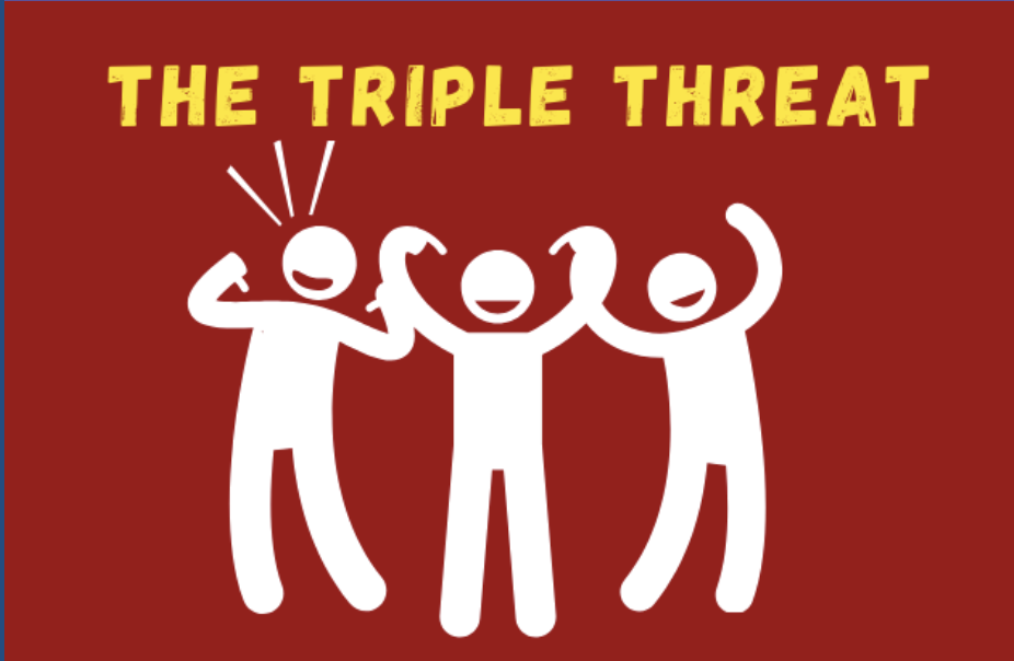 White stick figure characters with smiling faces, standing together against a red background, with the text 'The Triple Threat' in yellow above them.