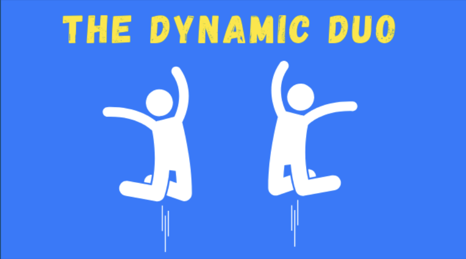 Two white stick figures jumping with arms raised, labeled 'The Dynamic Duo', on a blue background.