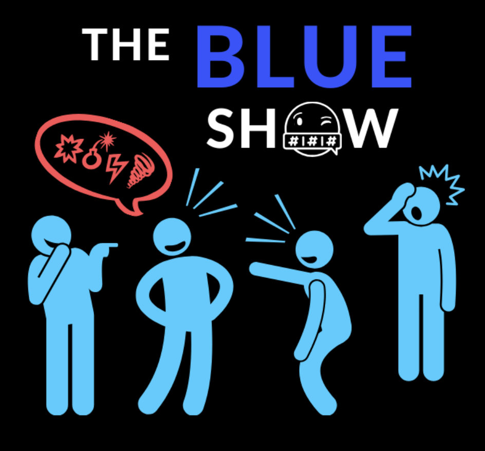 Illustration of four blue figures experiencing different forms of distress or pain, with a speech bubble containing symbols for chaos and confusion, and the text 'The Blue Show' at the top.