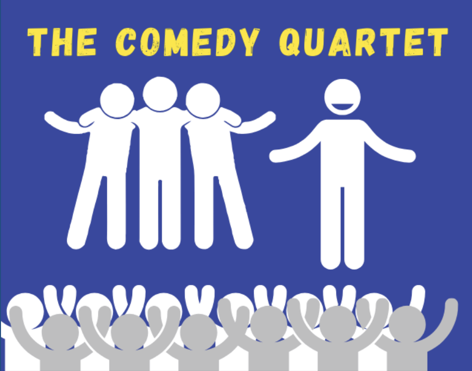 Graphic showing a comedy group called 'The Comedy Quartet' with four stick figures and one separate stick figure, all in white on a blue background, with yellow text at the top.