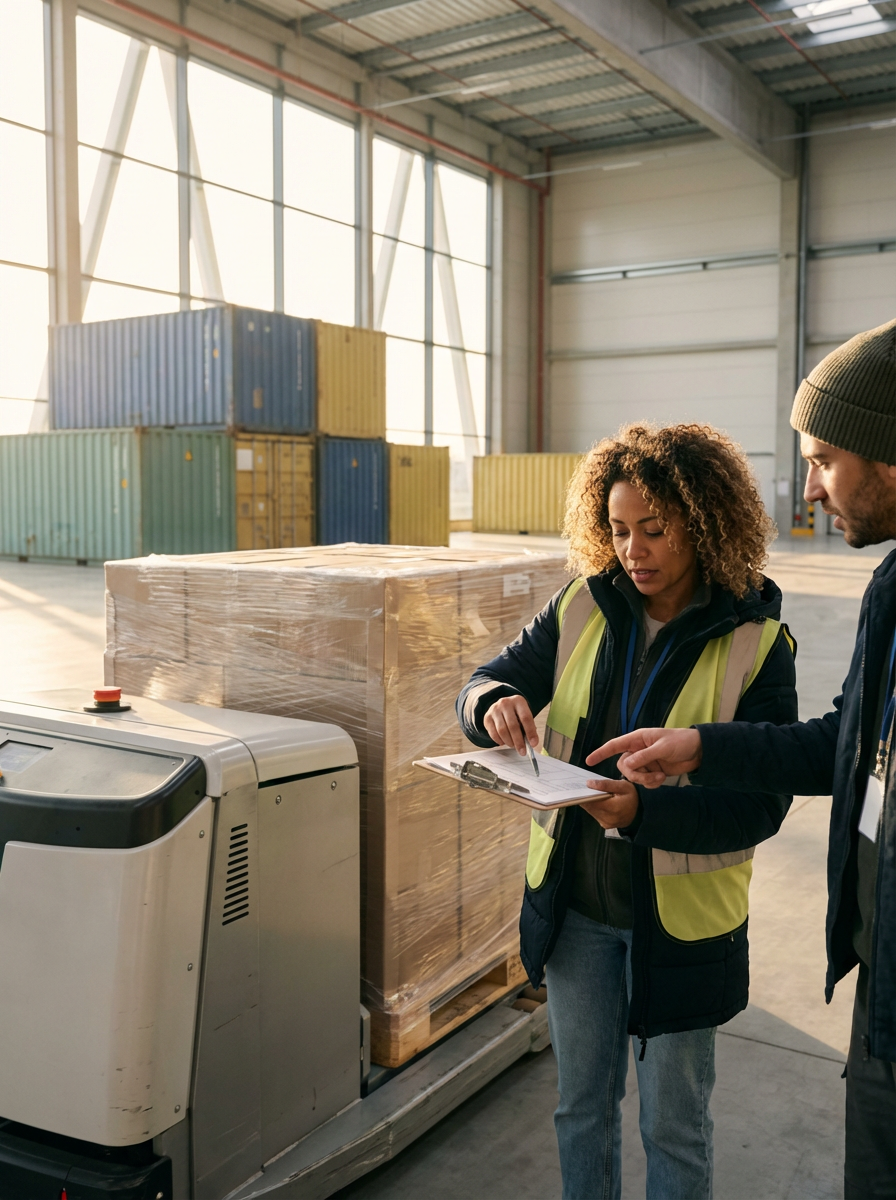 Two warehouse workers, a woman and a man, inspecting and discussing a pallet wrapped in plastic with a clipboard inside a large storage warehouse filled with stacked shipping containers.