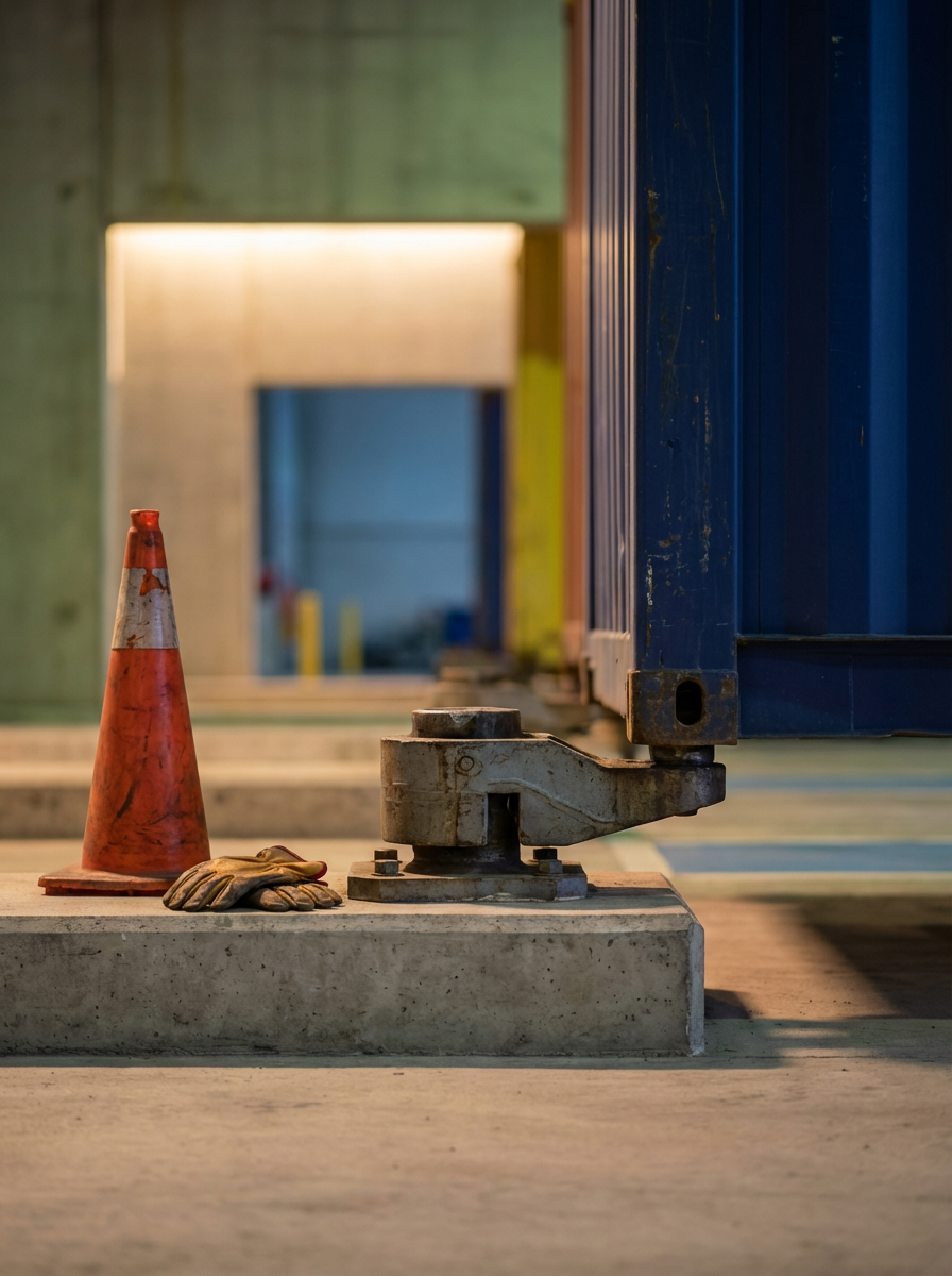 Construction site with an orange traffic cone, a pair of work gloves, and a metal clamp securing a large blue shipping container to a concrete platform.