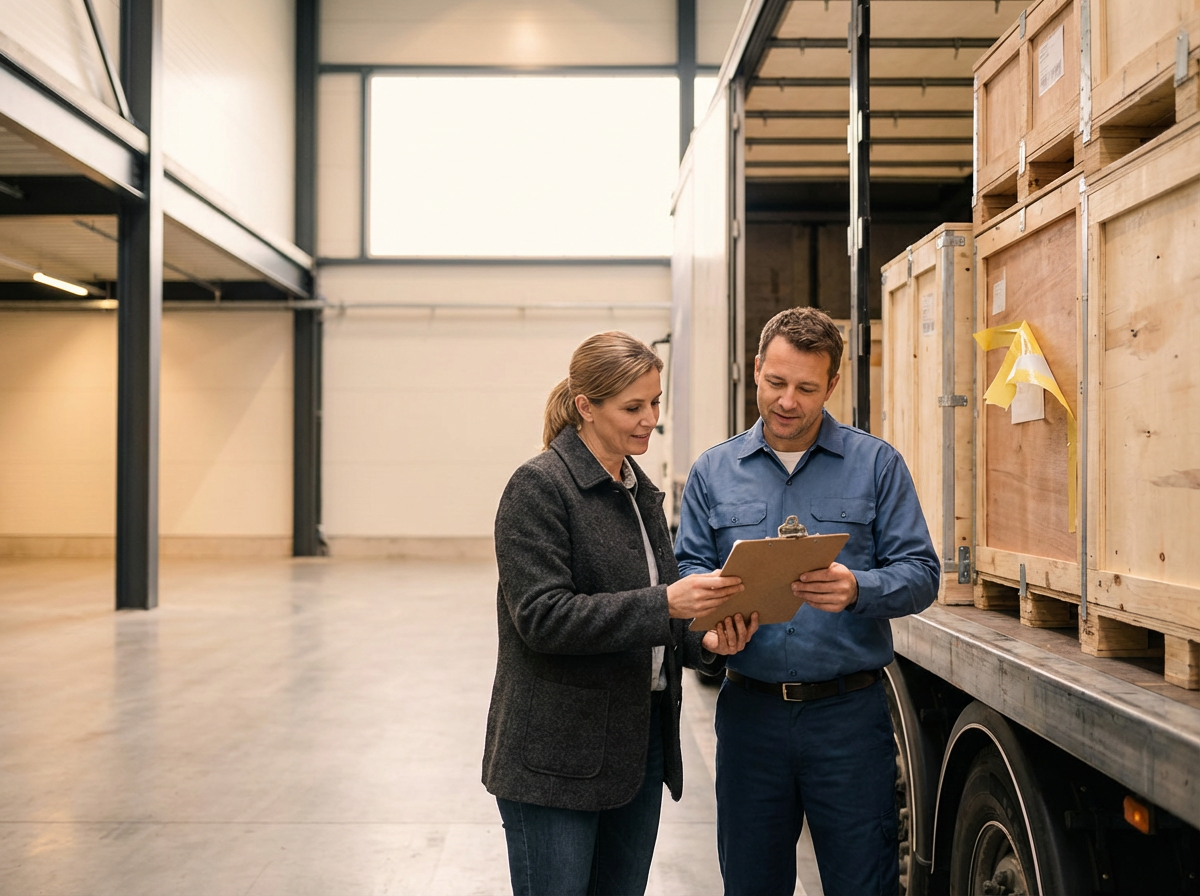 Two people, a woman and a man, are inspecting a clipboard in a warehouse with wooden crates on a truck.
