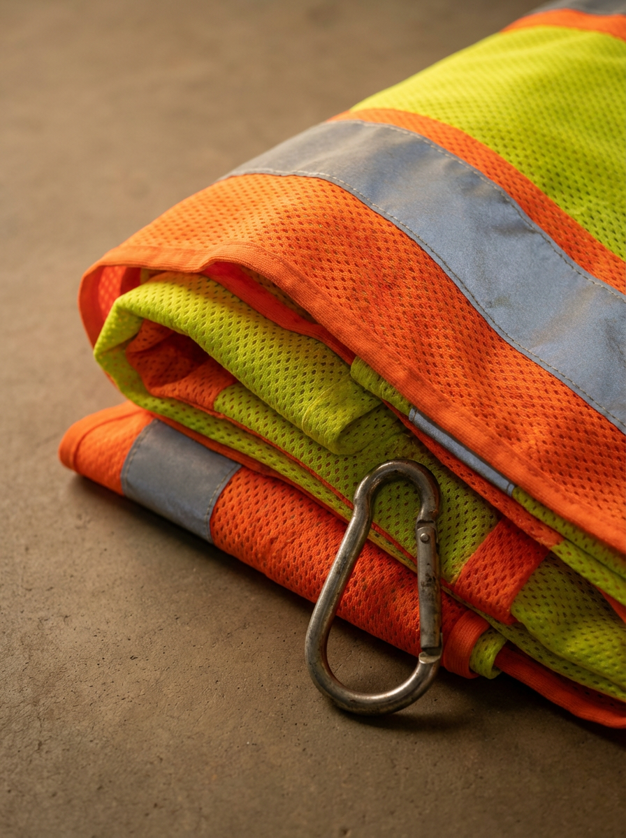 A folded high-visibility safety vest in orange and yellow with reflective strips, lying on a gray surface, with a metal carabiner clip attached.