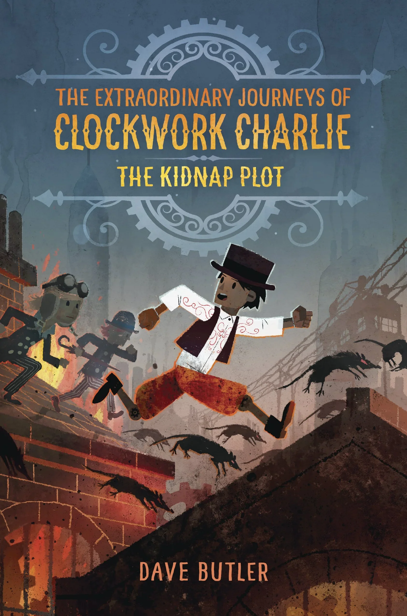 The cover of a book titled "The Extraordinary Journeys of Clockwork Charlie: The Kidnap Plot" by Dave Butler. The illustration features a young boy with a hat and white shirt with red designs, jumping over a ruined brick wall with mechanical spiders and a dark, smoky cityscape in the background.