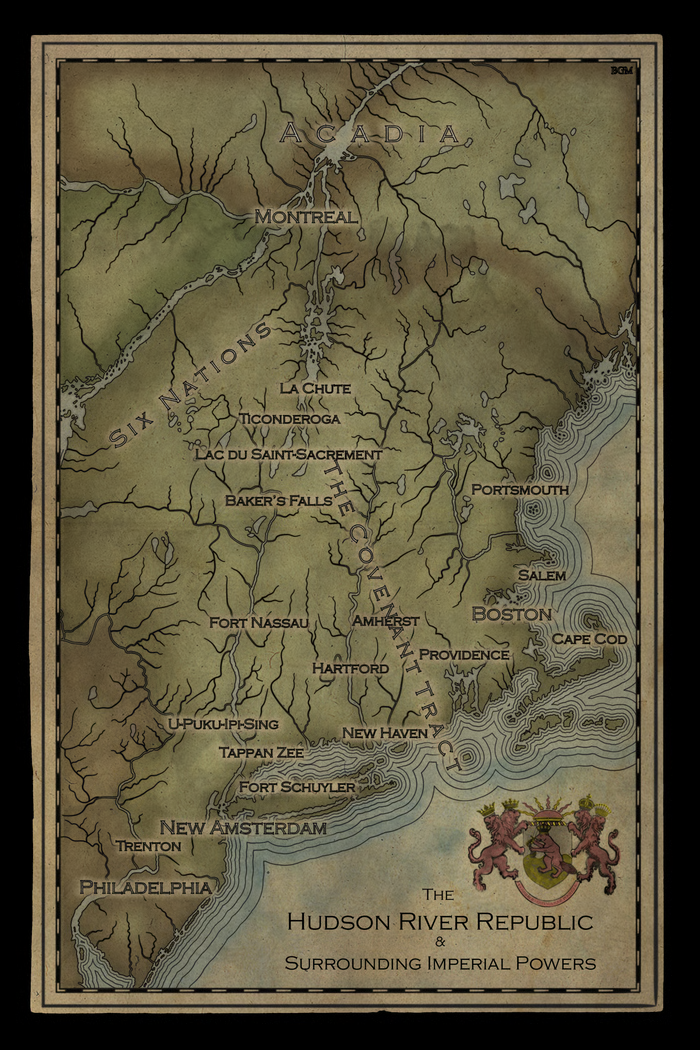 Map of the Hudson River region showing cities and landmarks from Philadelphia in the south to Montreal in the north, including six Nations, Lake Champlain, and the Atlantic coast.