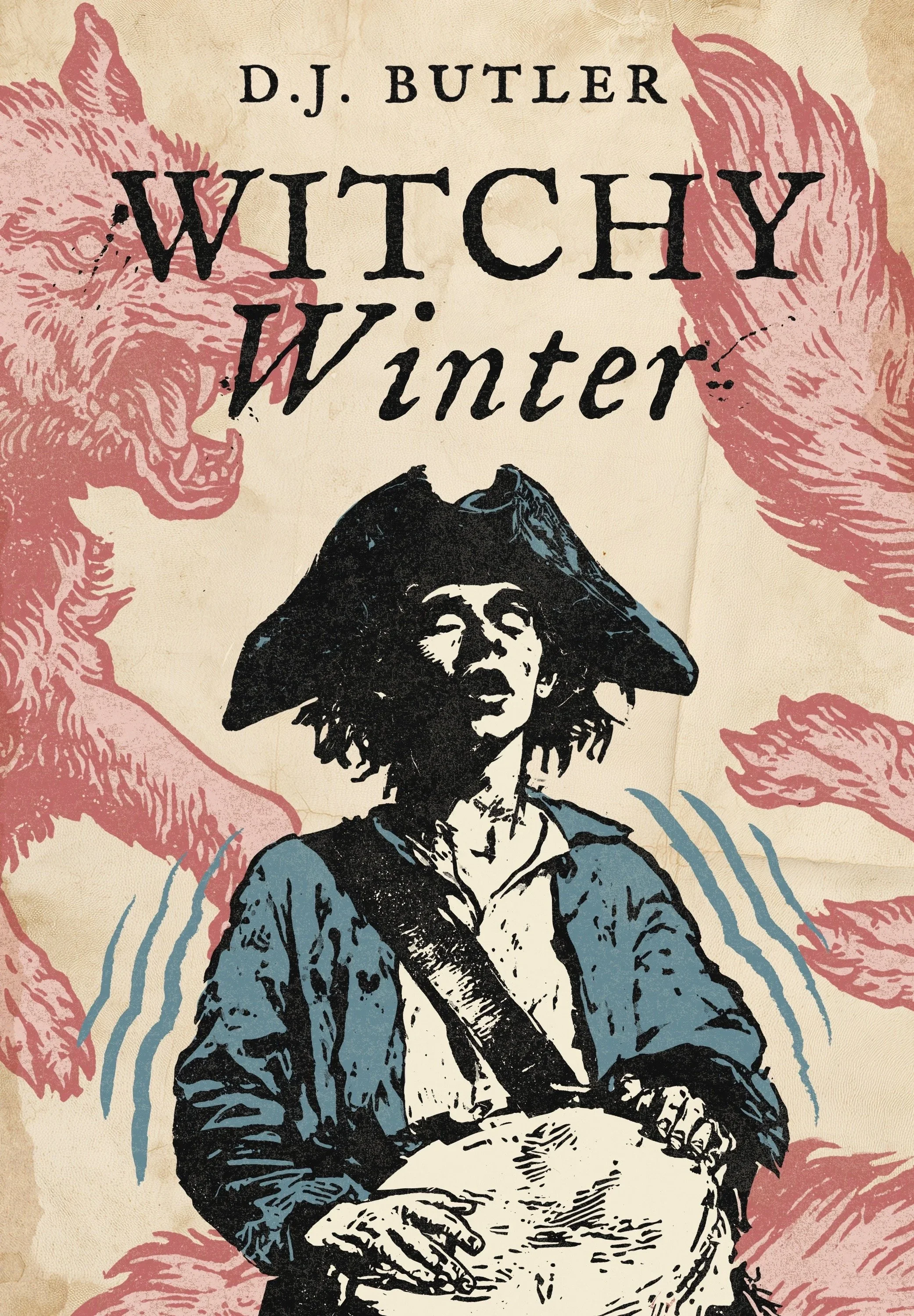 Book cover for 'Witchy Winter' by D. J. Butler featuring a woman in a hat holding a hat, with witch and wolf illustrations in the background.