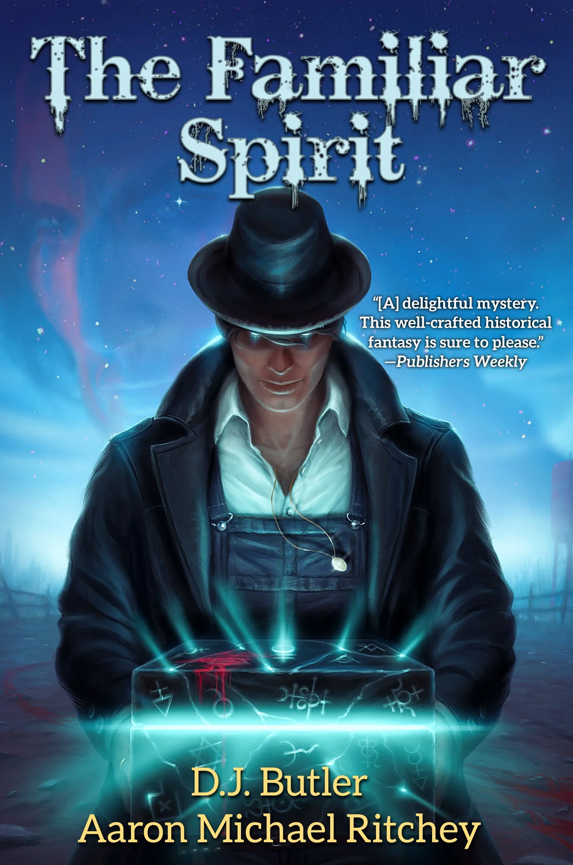 The book cover for 'The Familiar Spirit' by D.J. Butler, featuring a man wearing a hat and glasses, with a mystical, glowing, magical circle in front of him. The background is starry, with a cosmic, supernatural feel.
