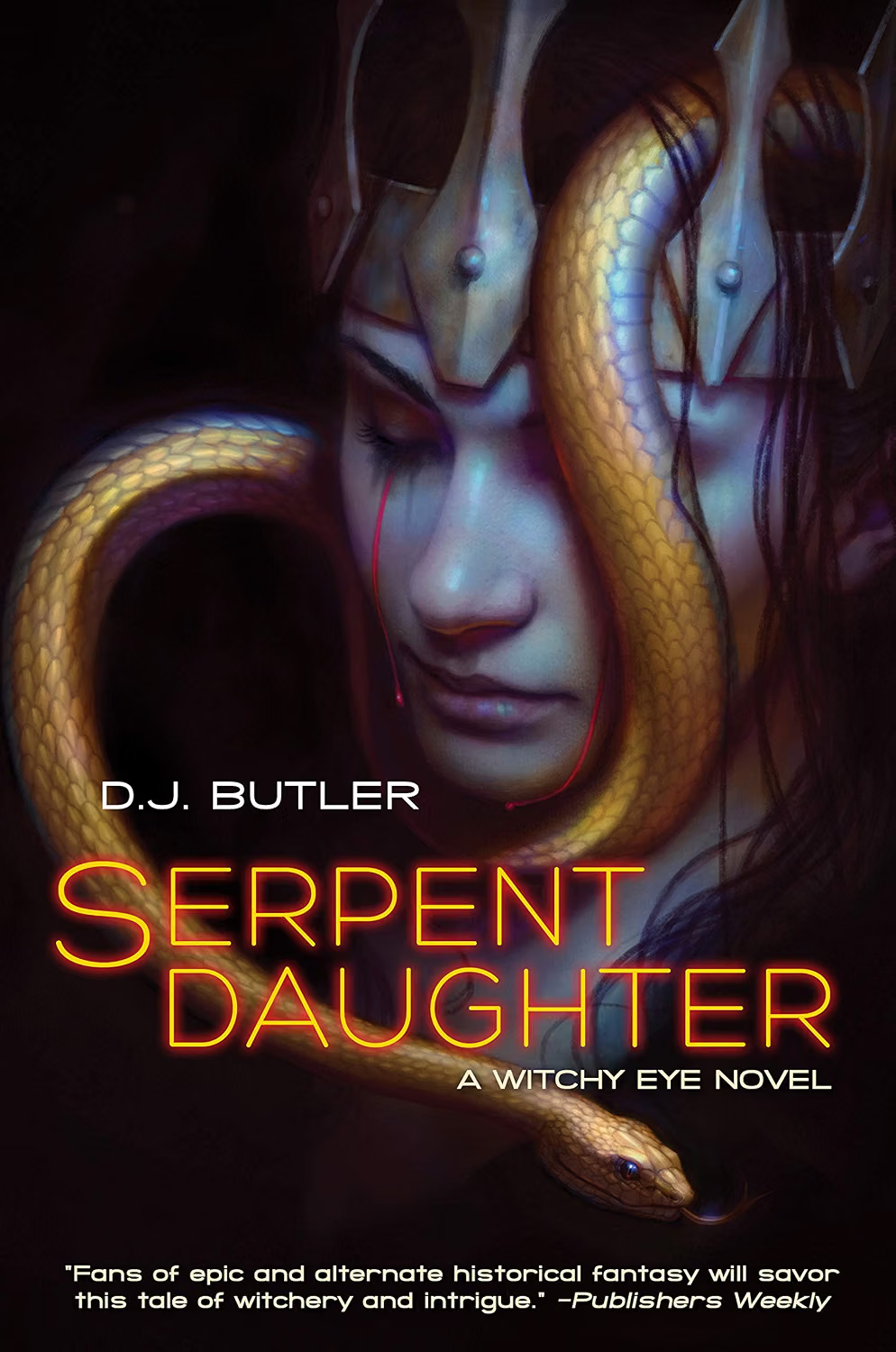 Book cover for 'Serpent Daughter' by D.J. Butler, depicting a woman with closed eyes and a snake intertwined around her face, wearing a metallic mask with a snake's head, and neon-style text.