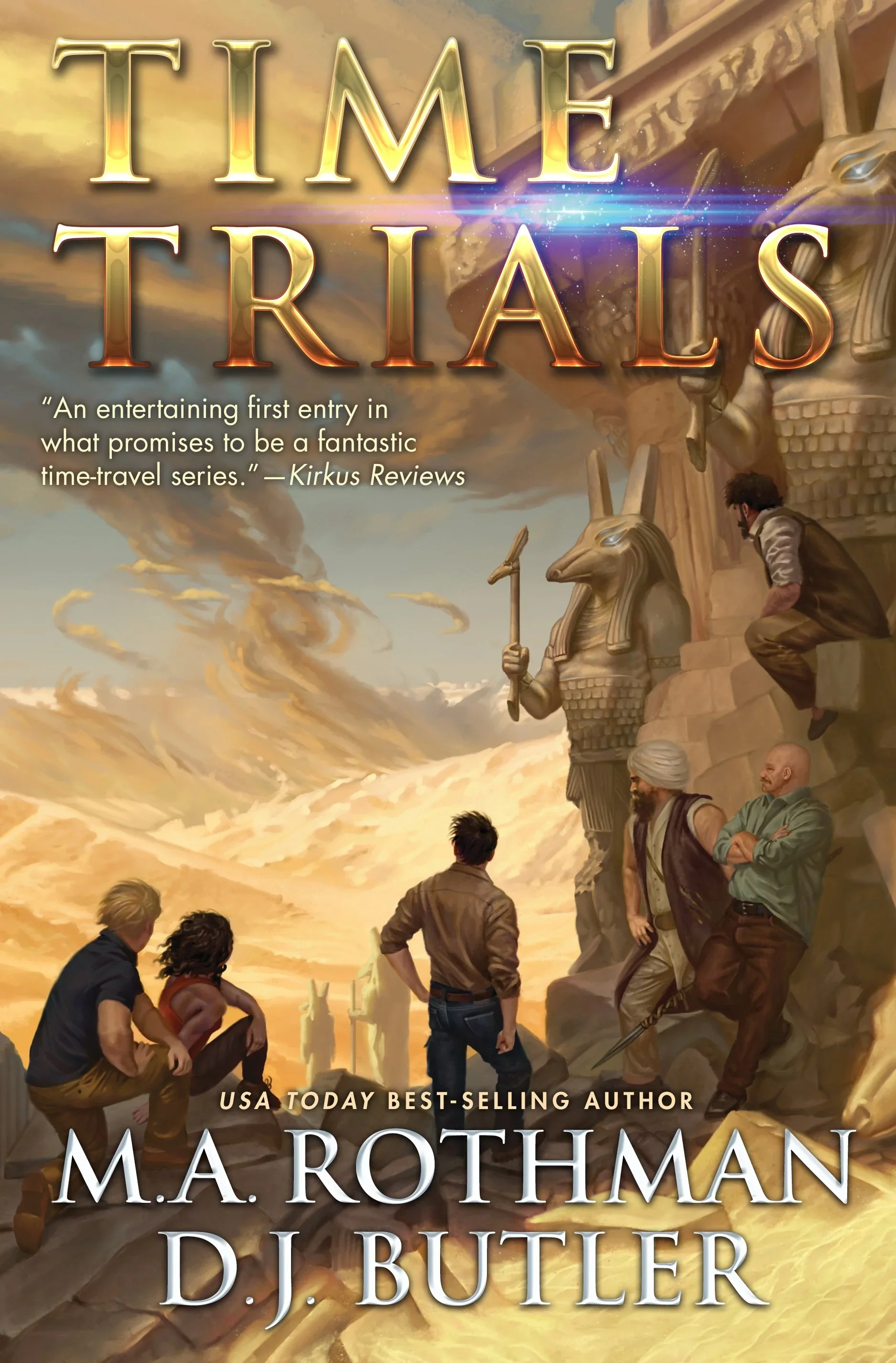 A fantasy-style illustration featuring ancient Egyptian statues of a pharaoh and a jackal-headed god, with a group of people observing and preparing to enter a mysterious, glowing portal in the sky. The scene is set against a dramatic sky with swirling clouds and a warm, golden light.