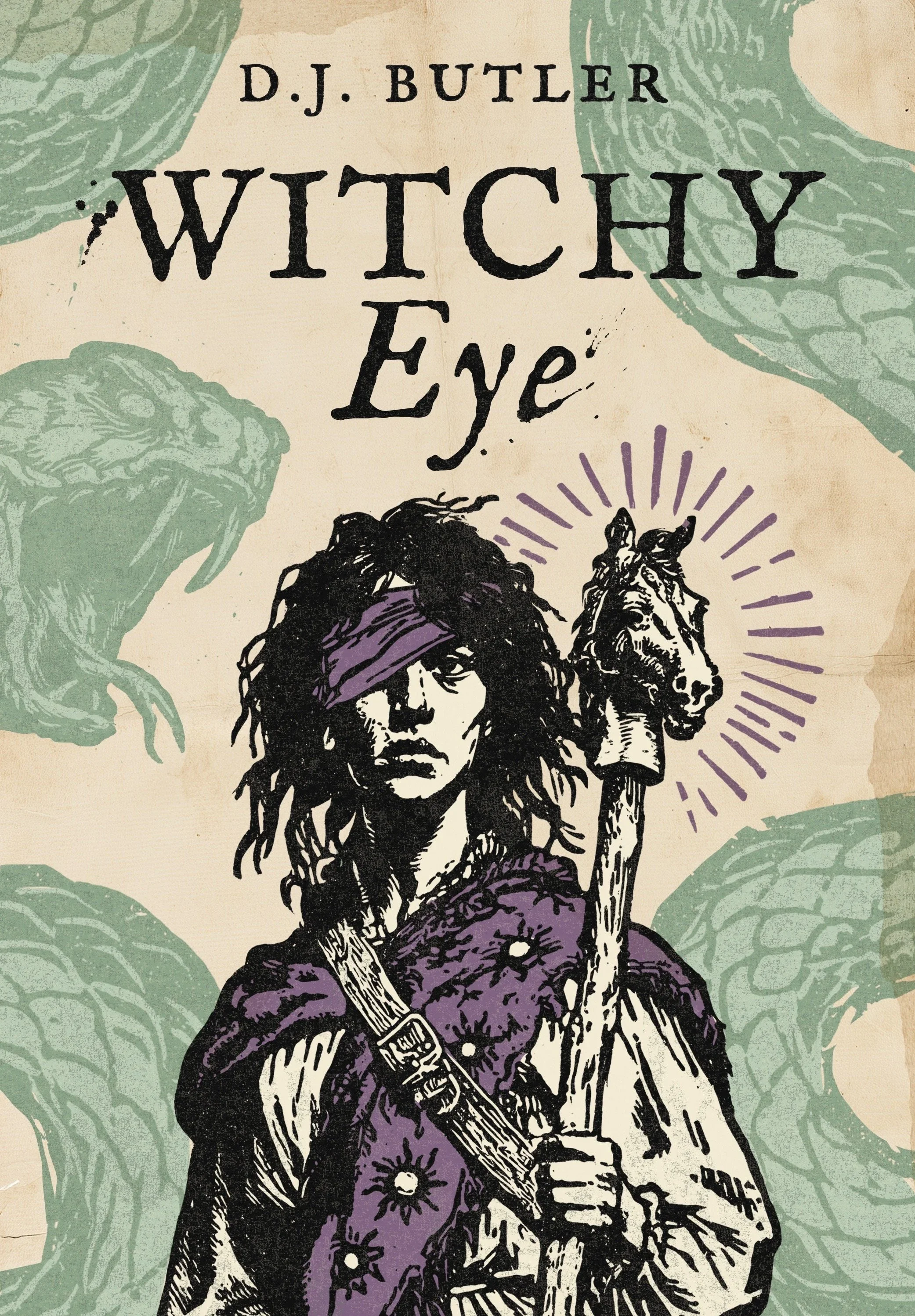 Book cover for 'Witchy Eye' by D.J. Butler, featuring an illustration of a person with long hair, wearing a headband, and holding a staff, with a lion mask on their shoulder. The background has stylized green clouds and a purple and cream color scheme.