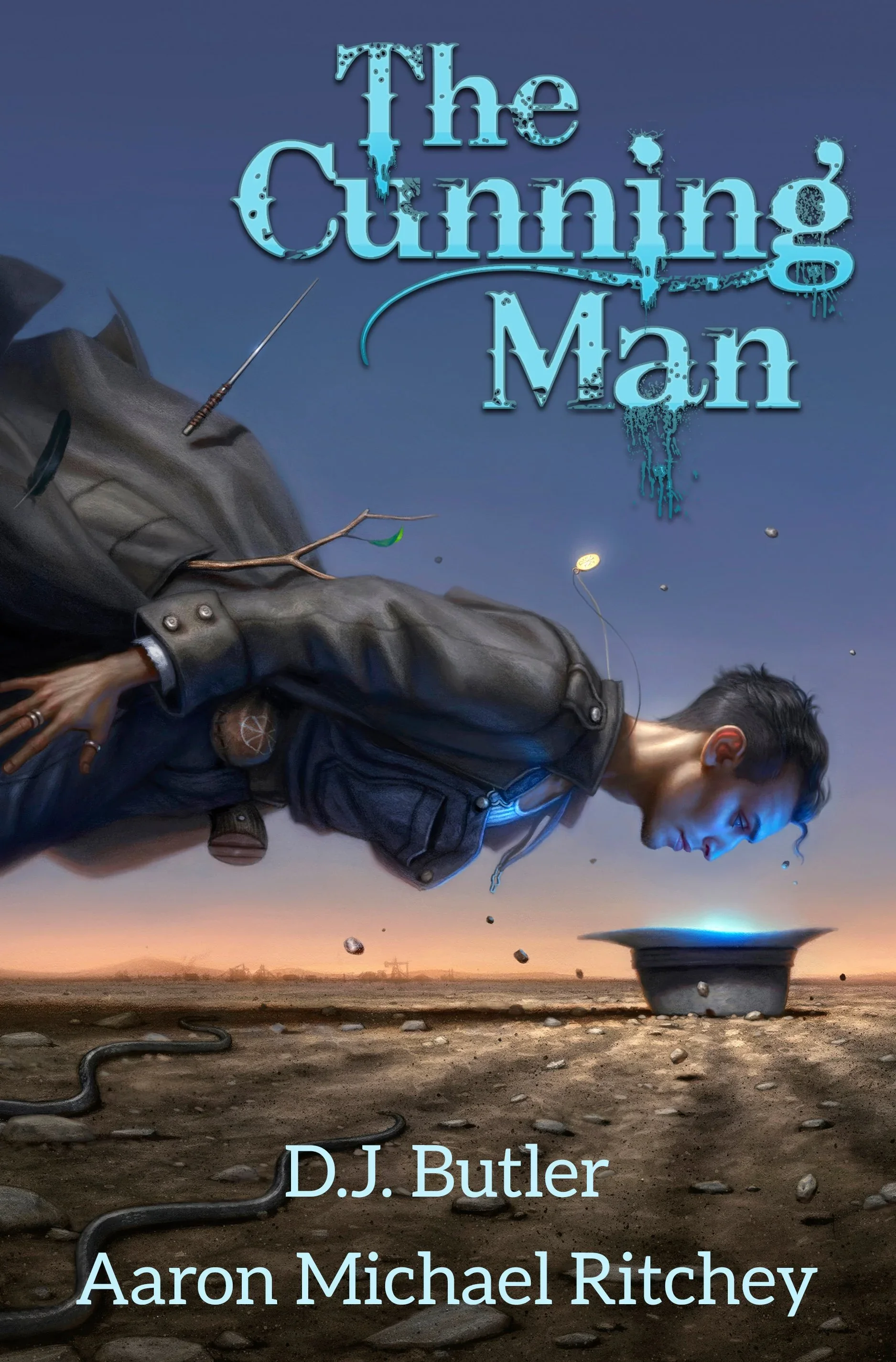 Book cover for 'The Cooling Man' by D.J. Butler and Aaron Michael Ritchey, depicting a person floating above a barren landscape with a sunset or sunrise in the background, and scattered rocks and snakes on the ground.