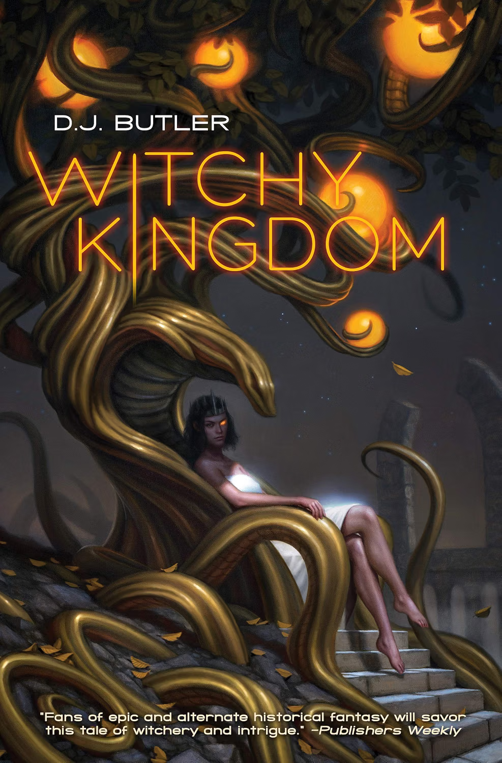 Book cover for 'Witchy Kingdom' by D.J. Butler, featuring a woman with dark hair and glowing eyes sitting on a throne made of twisted, gold-colored branches, with a large, glowing tree behind her and stone ruins in the background.
