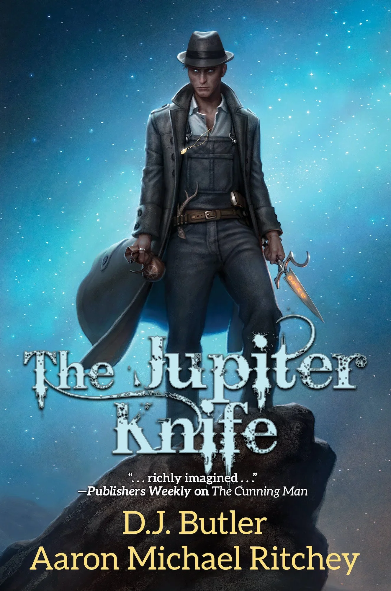 The cover of a book titled "The Joker Knife" features a man dressed as a detective in a leather jacket, white shirt, and fedora hat. He holds a knife in one hand and a baseball bat in the other, standing against a starry night sky background.