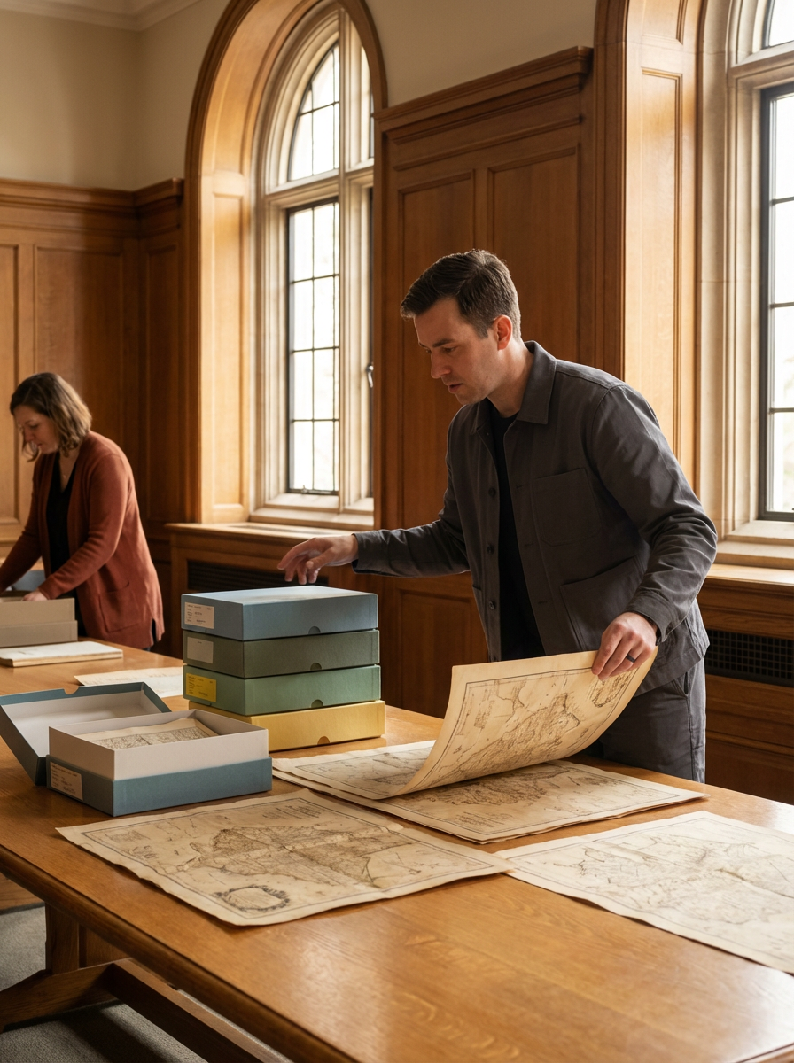 Two people reviewing old maps and documents at a wooden table in a room with wood-paneled walls and large arched windows.