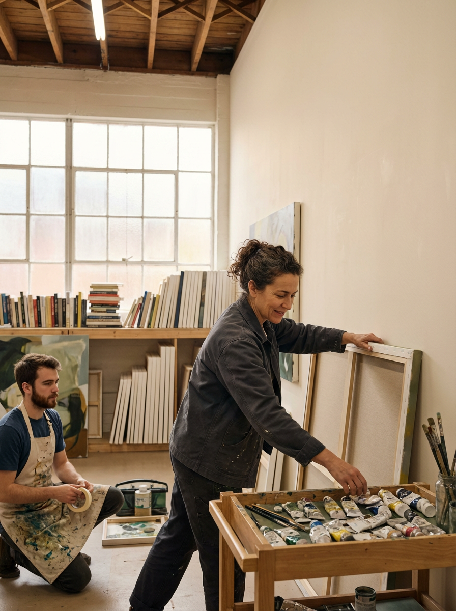 Two women in an art studio preparing canvases and supplies for painting, with shelves of art books and artwork in the background.
