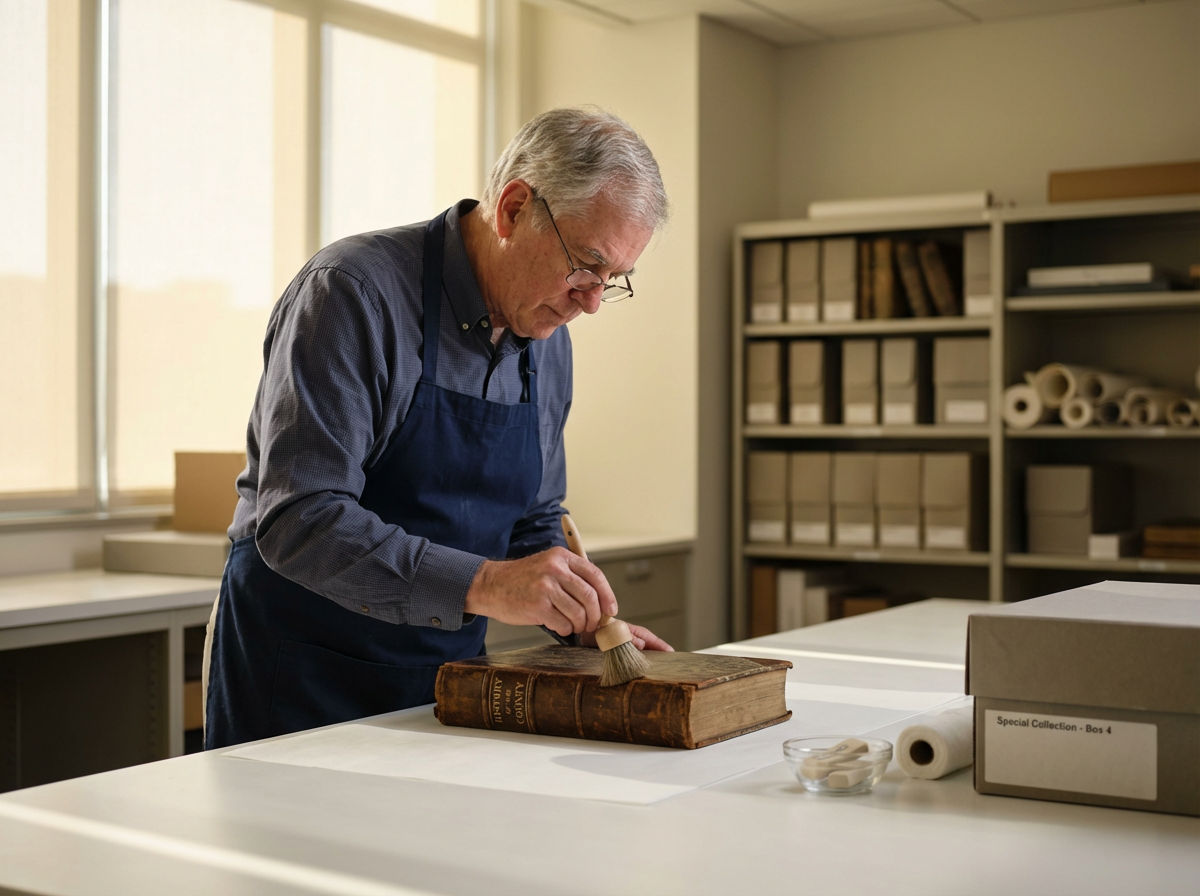 An elderly man with gray hair and glasses carefully brushes dust off an old, large, worn leather-bound book in a well-lit room.