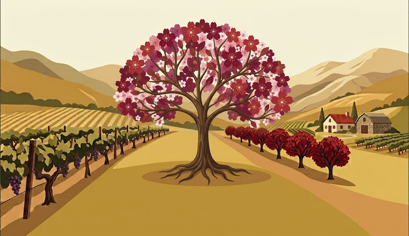 Illustration of a vineyard landscape with a large cherry blossom tree at the center, surrounded by grapevines, red-leaved trees, houses, and mountains in the background.