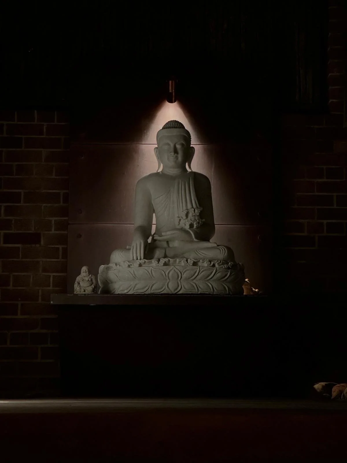 A white Buddha statue illuminated by a wall down light with a glare guard against a dark background, with brick walls on either side. Hunza, LuxR spotlighting