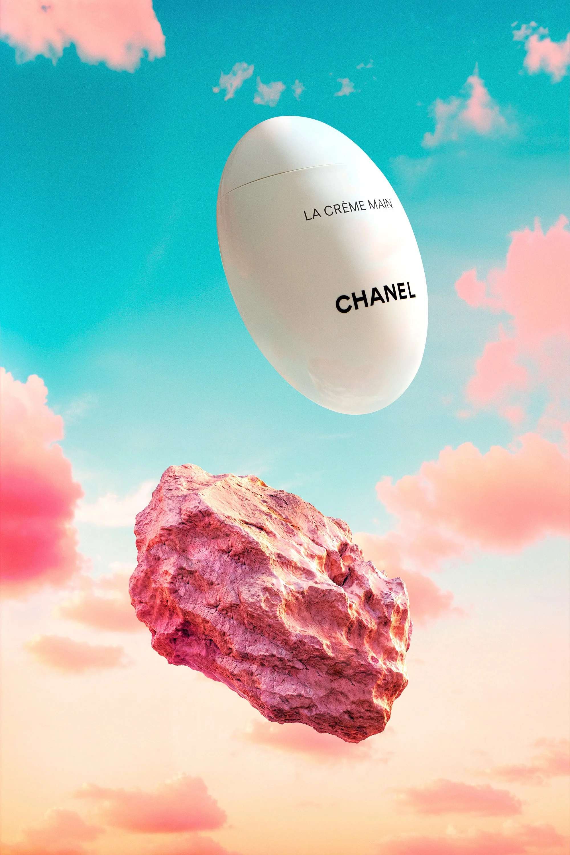 Un rocher flottant dans le ciel avec un nuage de savon en forme d'œuf qui porte le texte 'LA CRÈME MAIN CHANEL'.