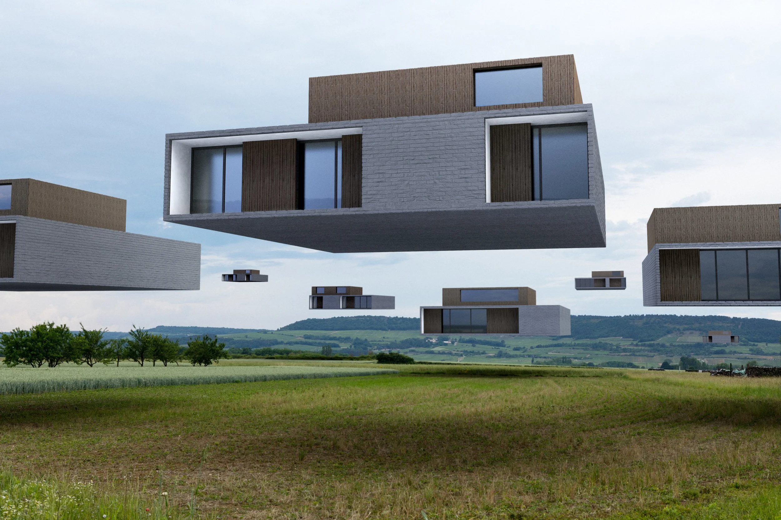 Une conception architecturale de bâtiments modernes flottants dans un environnement rural avec prairies et collines au loin.