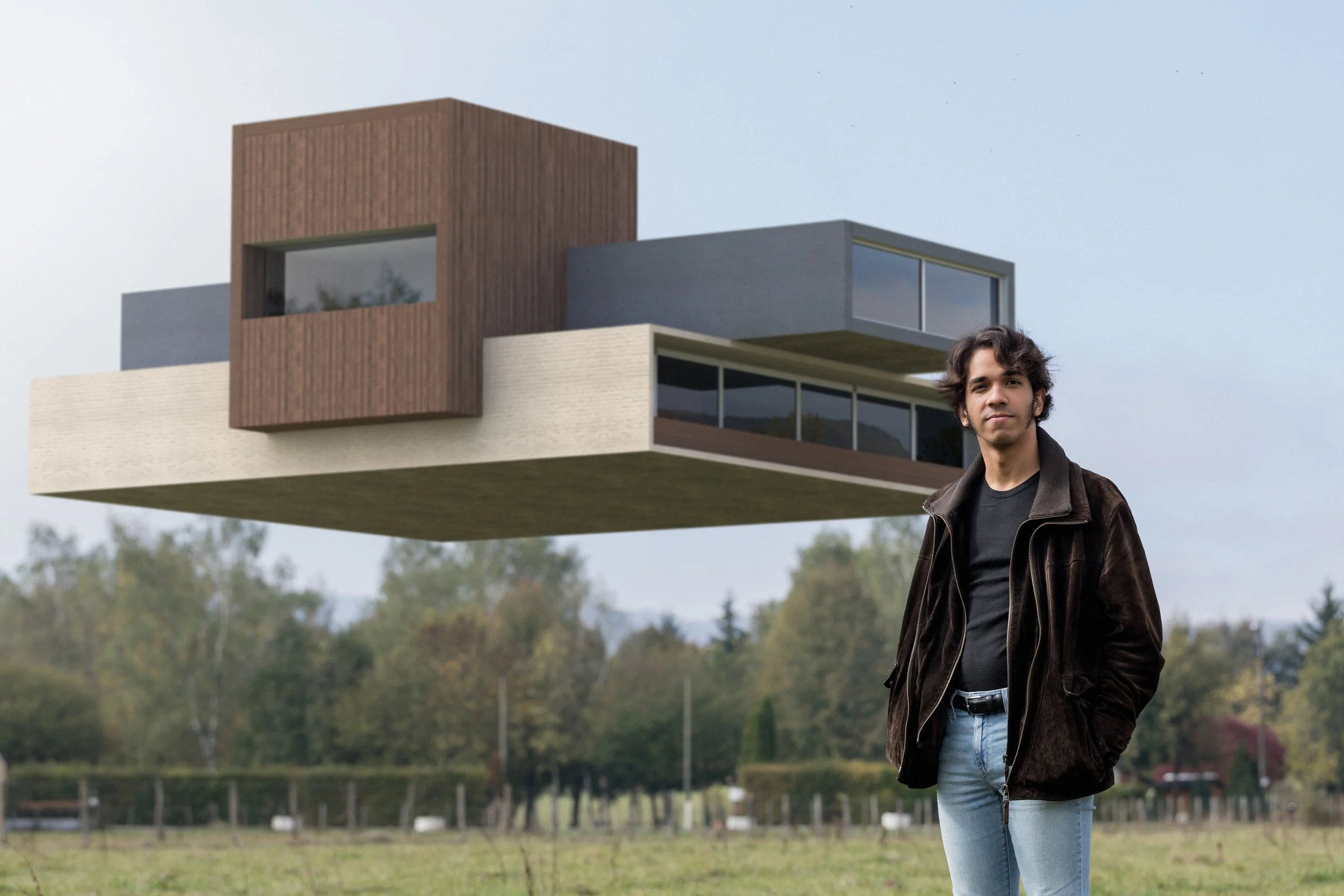 Un jeune homme debout dans un parc avec une maison moderne flottante en arrière-plan. La maison a des formes géométriques et des matériaux modernes.