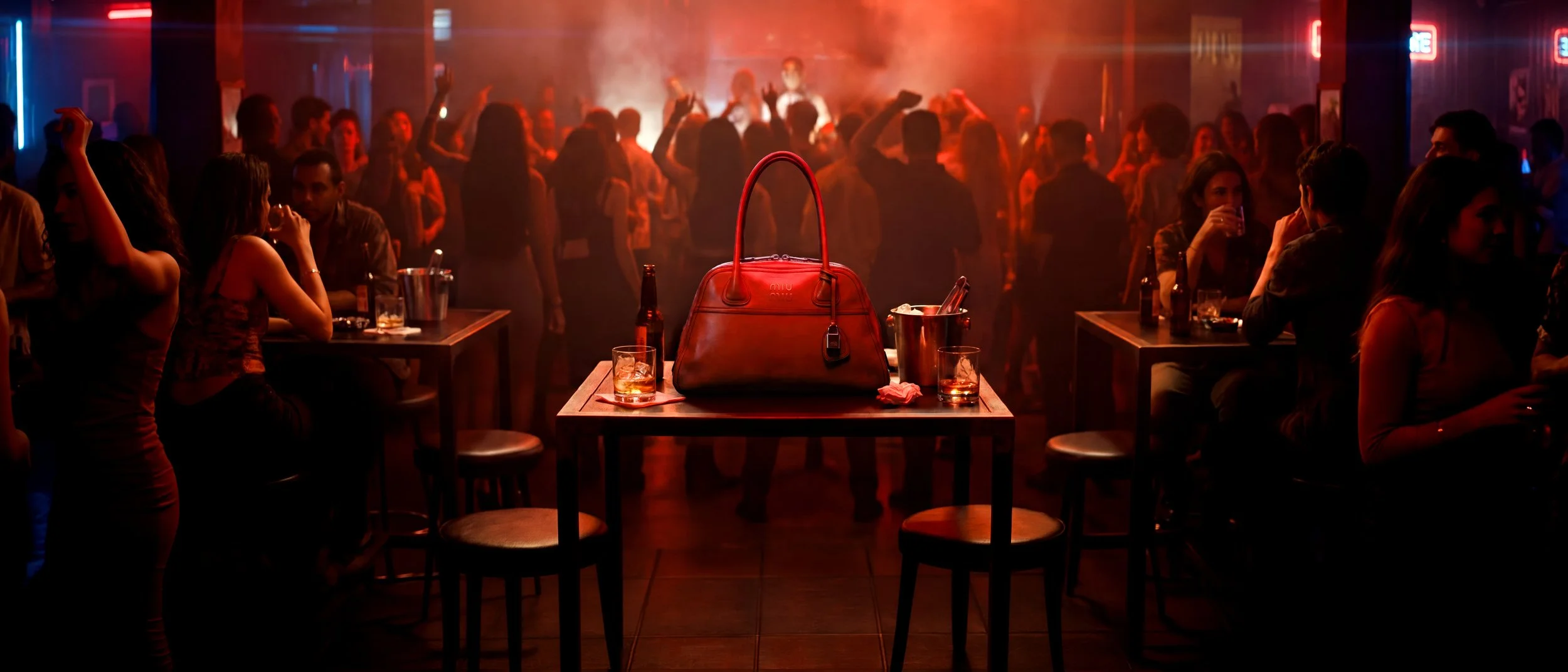 Une scène à l'intérieur d'un bar ou d'une discothèque avec beaucoup de personnes qui dansent et socialisent, ambiance sombre avec éclairage rouge et bleu, autour de tables avec des boissons, en avant-plan une sacoche rouge sur une table.