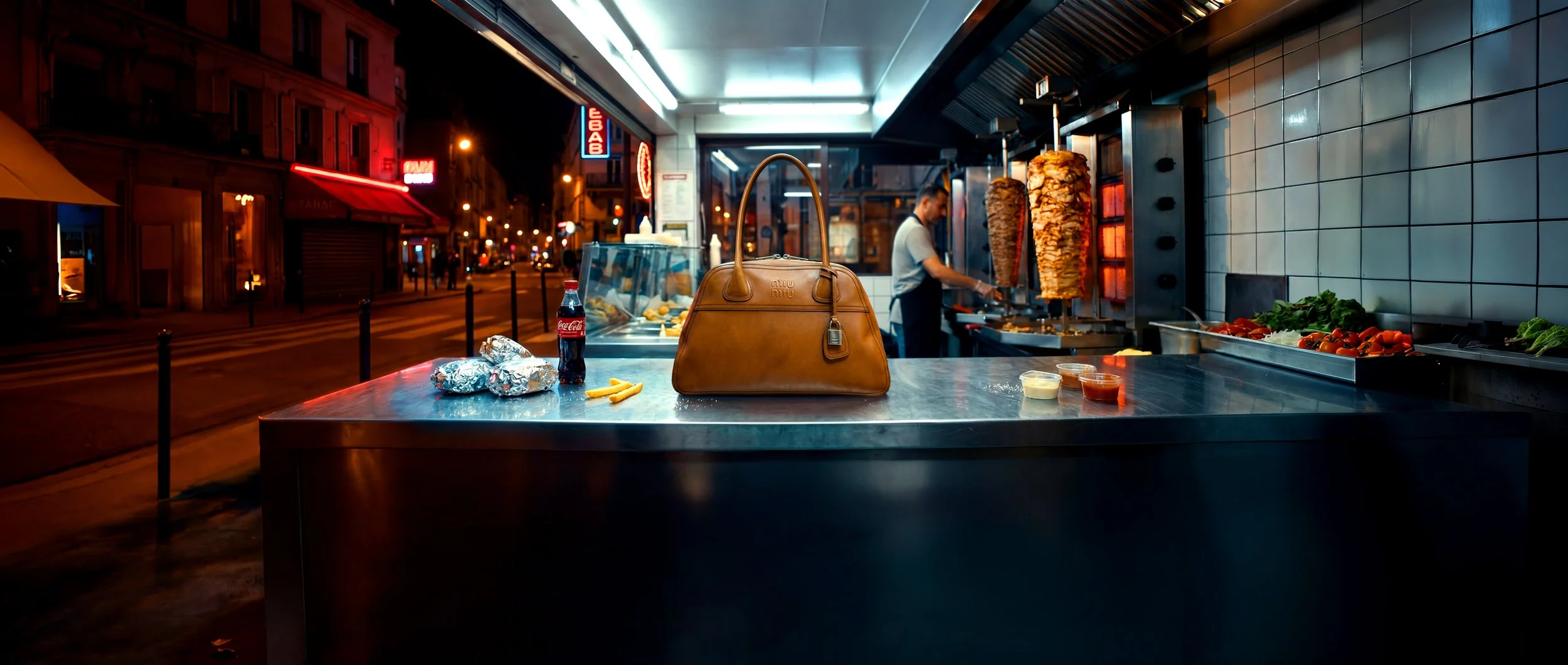 Une vue intérieure d'une stand de restauration nocturne avec une vendeuse préparant des brochettes de viande. Sur le comptoir, il y a une bouteille de Coca-Cola, un sac en cuir, des frites, des sauces et une assiette de wraps ou sandwiches. En dehors, la rue est animée avec des bâtiments éclairés et des enseignes lumineuses.