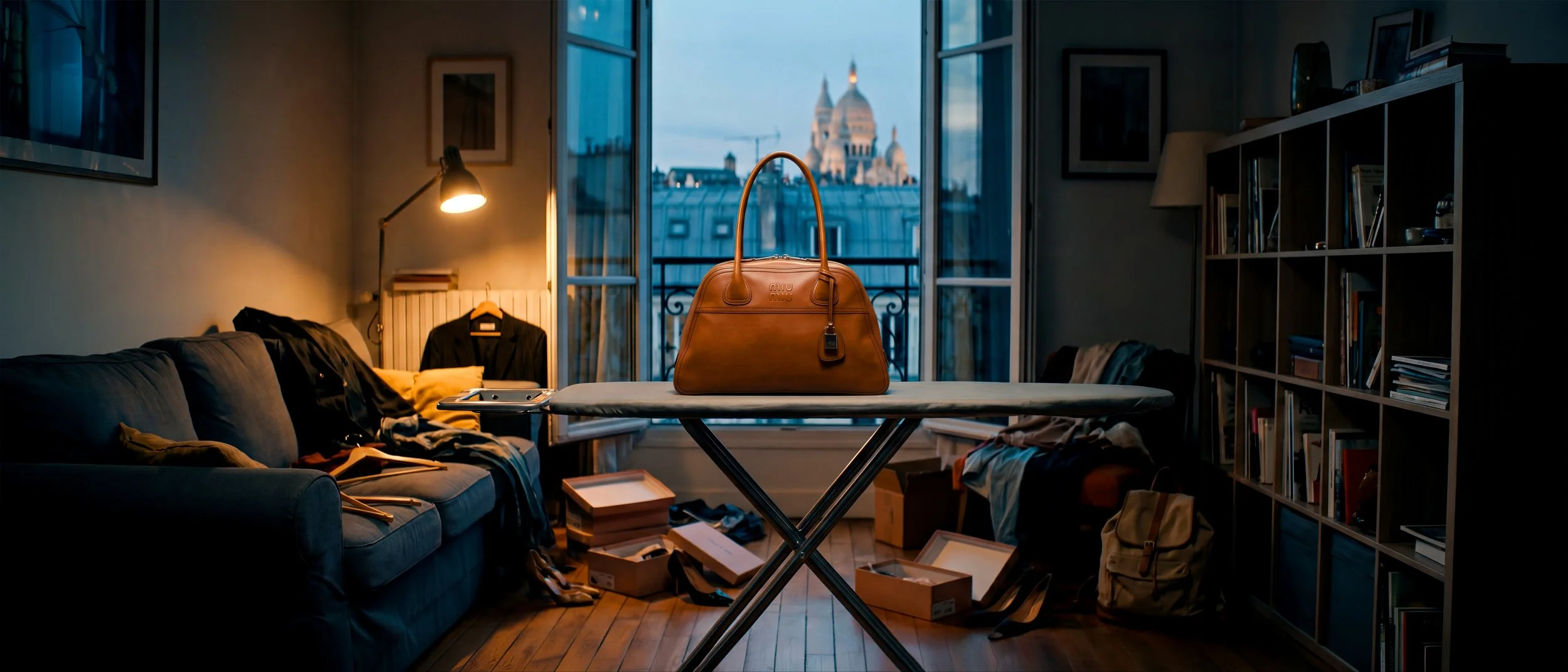 Une pièce à l'intérieur avec un sac en cuir marron sur une planche à repasser au centre, un canapé gris avec des vêtements, une lampe de bureau allumée, une étagère avec des livres, un balcon avec une vue sur la ville, et une silhouette de bâtiment emblématique en arrière-plan.