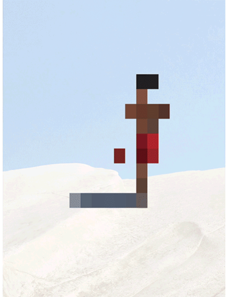Figure en pixel art d'une personne ou d'un personnage avec shorts rouges, debout sur la neige, avec un ciel bleu en arrière-plan.