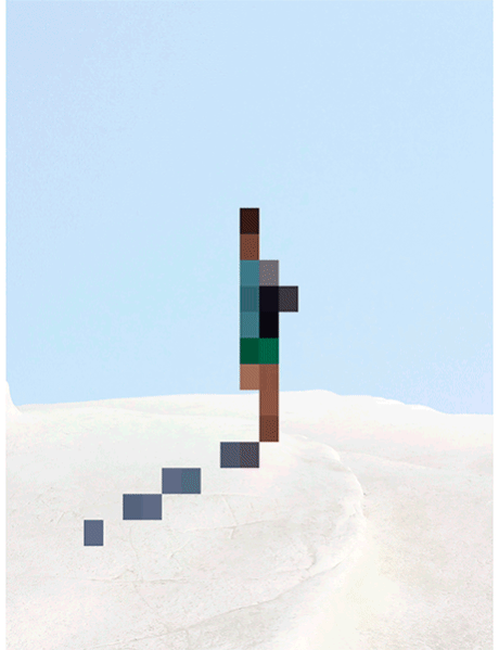 Un personnage de dessin animé pixelisé en train de sauter sur la glace dans un environnement glacé.