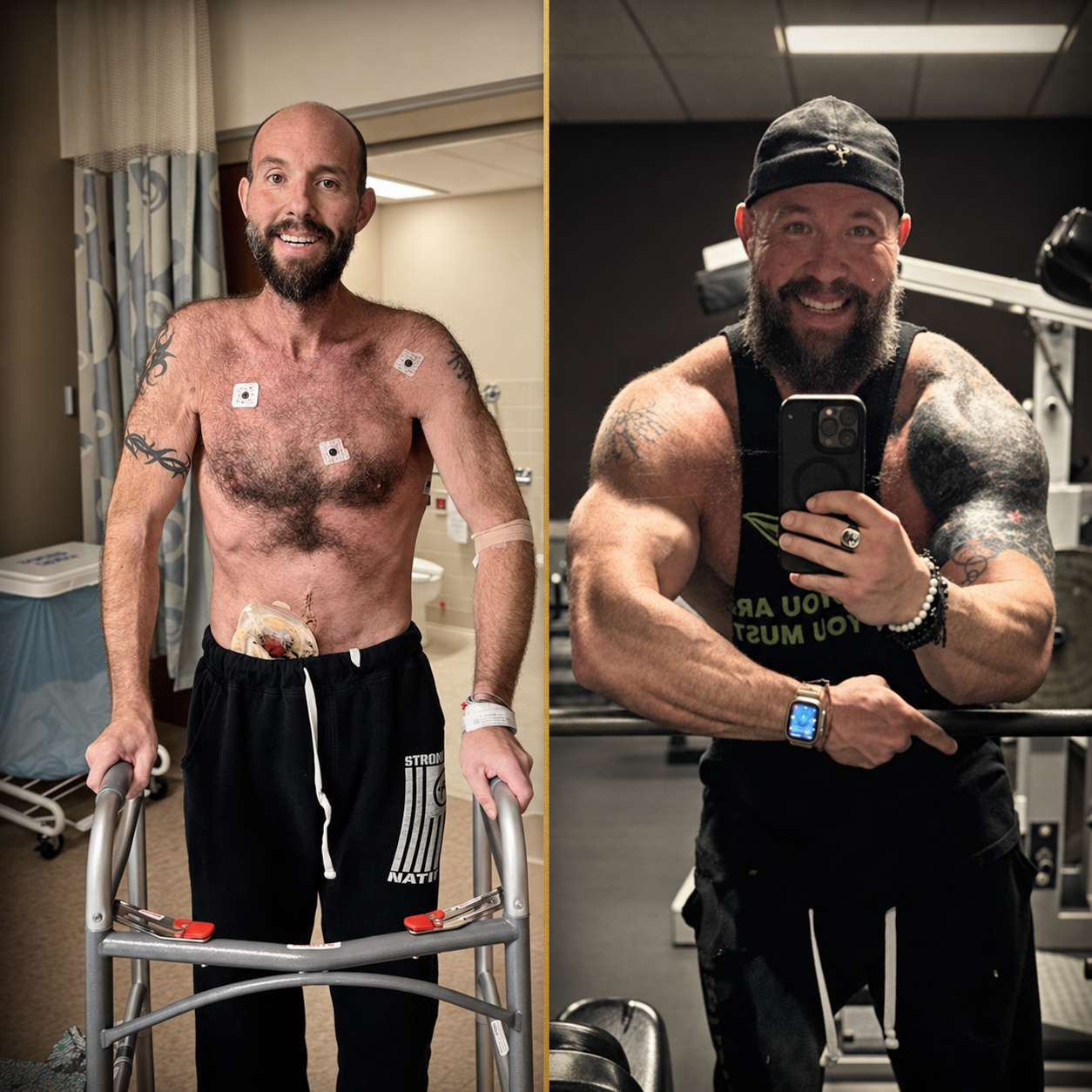 David during recovery after emergency total colectomy in 2020 beside David rebuilt through strength training and integrated wellness practices.