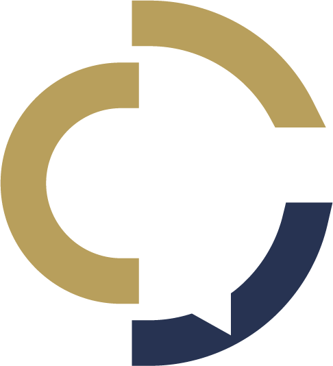 Logo with stylized gold and navy speech bubbles forming the letter C.