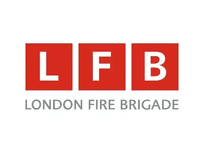 LFB logo with red squares containing white letters L, F, B and the text 'LONDON FIRE BRIGADE' below.
