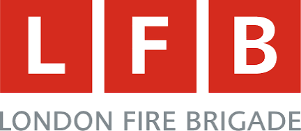 London Fire Brigade logo with red squares containing white letters LF B and text below