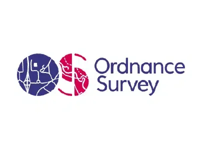 Ordnance Survey logo featuring a stylized map with a blue and pink circular design and the words 'Ordnance Survey' beside it.