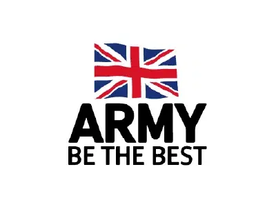 A logo with a Union Jack flag, the word 'ARMY' in bold black letters, and the slogan 'BE THE BEST' below it.