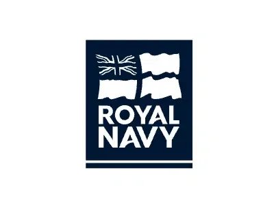 Royal Navy logo featuring a stylized Union Jack flag and a naval flag above the words 'Royal Navy' in white on a dark blue background.
