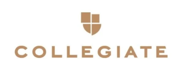 The logo features a shield symbol above the word "COLLEGIATE" in brown capital letters.