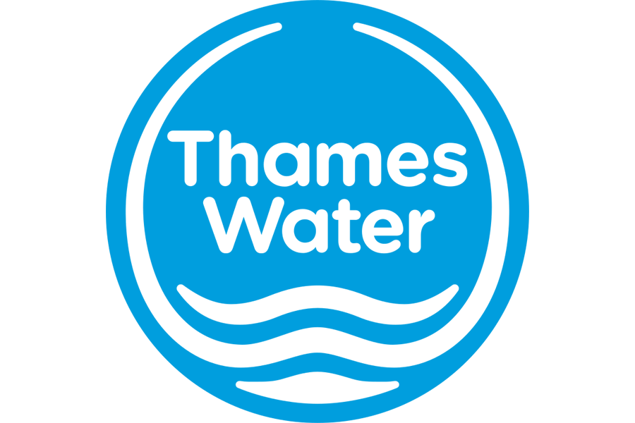 A blue circular logo with black outlines featuring the words "Thames Water" and stylized water waves inside.