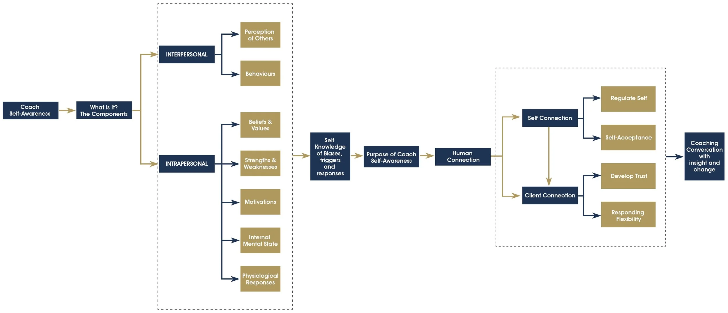 Flowchart about coach self-awareness, components, biases, triggers, and responses, leading to human connection and coaching insights.