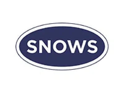 SNOWS logo with white text inside a dark oval and a white outline.