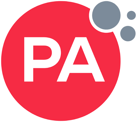 Red circle with white letters 'PA' and gray bubbles above it.