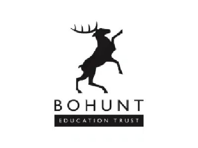 Silhouette of a rearing deer with antlers, above the text 'BOHUNT' and 'EDUCATION TRUST' in black and white.