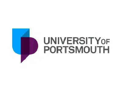 University of Portsmouth logo with a blue and purple speech bubble, and the text 'University of Portsmouth'.