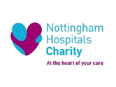 Nottingham Hospitals Charity logo with a stylized heart symbol in blue and purple and the tagline 'At the heart of your care'