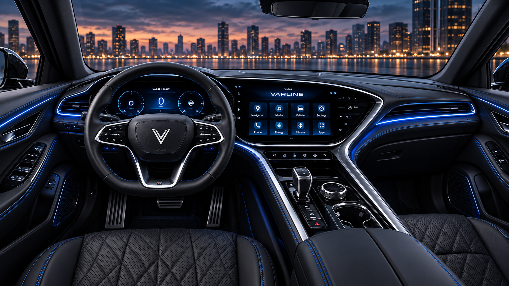 Interior of a modern luxury vehicle with digital dashboards, illuminated controls, and city skyline view through the windshield at dusk.